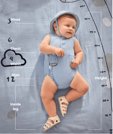 Baby lying on a blue growth chart wearing a light blue romper, with white measurement lines labeled Head, Chest, Waist, Hips, Inside leg and Height.