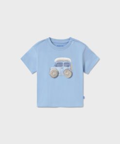 Light blue kids' short-sleeve T-shirt with a small blue car illustration on the front.