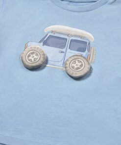 Light blue toddler T-shirt with a cartoon blue jeep and oversized tires graphic on the front, roof rack visible.