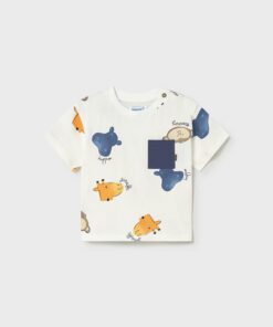 White toddler T shirt with playful blue orange and beige animal prints and a dark blue square patch on the front short sleeves and crew neck