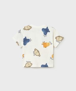 White babyToddler T shirt with scattered cartoon animals hippo monkey giraffe elephant in blue beige and orange on a cream background