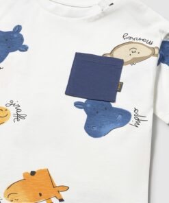 White kids T shirt with colorful animal prints and a navy square pocket on the chest laid flat