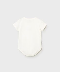 Back view of a plain white baby onesie with short sleeves on a light gray background