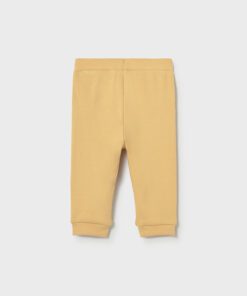 Mustard yellow baby pants with ribbed cuffs shown from the back