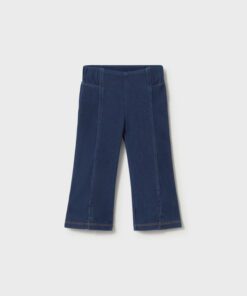 Child sized dark blue denim pants with a wide leg fit and front pockets visible