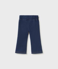 Back view of navy denim pants for kids with an elastic waistband and straight legs