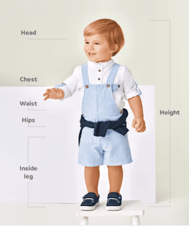 Toddler in blue striped overalls on a stool, with a sizing diagram labeling head, chest, waist, hips, inside leg, and height for clothing sizing.