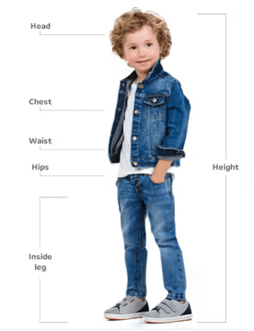 Child standing in denim outfit with measurement lines indicating head, chest, waist, hips, inside leg, and height for sizing guidance