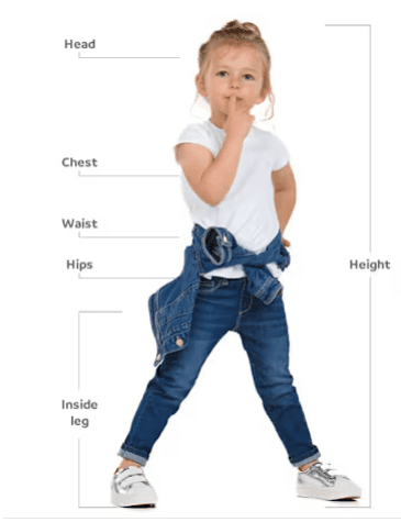 Child model with measurement lines for head, chest, waist, hips, inside leg, and height—illustration of a children’s clothing size guide.