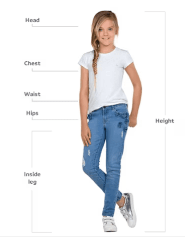 Girl standing with measurement lines labeling head, chest, waist, hips, inside leg, and height.