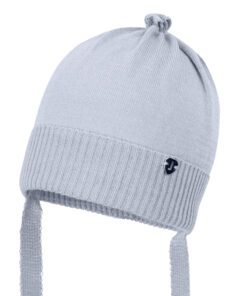 Light blue knit beanie with a knot on top and ribbed brim with earflaps on the sides