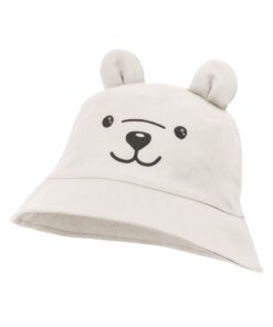 White bucket hat with a cute bear face and ears on top face embroidered in black