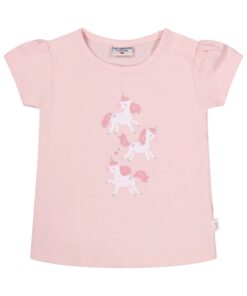 Light pink kids' T-shirt with three white unicorns with pink manes printed down the front.