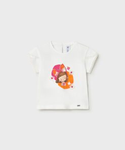 White kids' T-shirt with a cartoon girl graphic, pink bow, orange circle backdrop and flowers on the front.