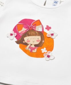 White kids' T-shirt featuring a cartoon girl with a pink bow inside an orange circle, surrounded by white flowers.
