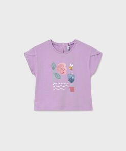 Lilac short-sleeve kids' T-shirt with a garden-themed graphic: pink flower, blue heart-shaped flower, bee, plant pot, and white wavy lines.