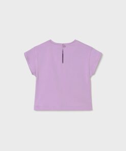 Lilac short-sleeve children's top, back view with a small button and keyhole opening at the neckline.
