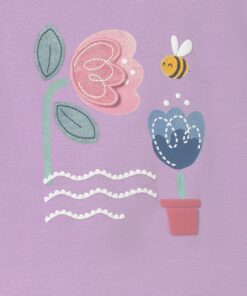 Whimsical illustration of pink and blue flowers with a bee on a lavender background