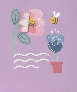 Whimsical illustration of two flowers bees and a potted plant on a purple background