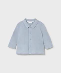 Light blue childrens coat with a fold down collar and front button closure