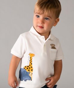 Toddler in a white polo shirt with cartoon animals giraffe hippo on the front and a bear on the pocket against a gray backdrop