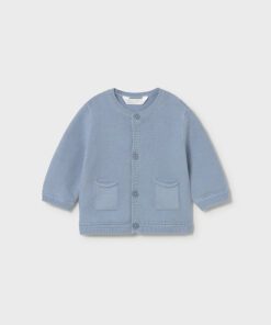 Light blue knitted baby cardigan with button down front and two pockets