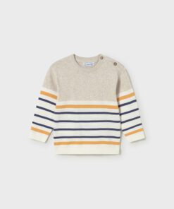 Beige knit toddler sweater with orange and navy stripes across the torso and sleeves white cuffs and hem