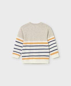 Crewneck knit sweater for kids with beige upper white lower and navyorange horizontal stripes on the body and sleeves