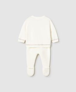Ivory baby one piece with attached feet long sleeves back view knit romper