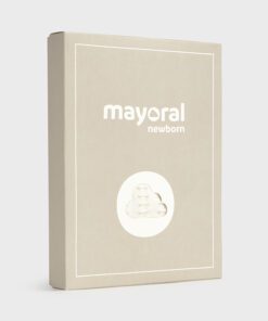 Beige Mayoral newborn product box with a white outline border and a circular cutout showing a cloud shaped item