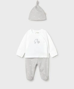 Baby outfit set with white top gray patterned pants and matching gray knot hat featuring swan motifs