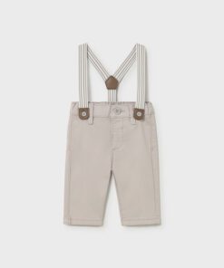 Beige baby pants with striped suspenders and brown clips front view