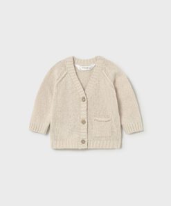 Beige knit cardigan for a child with a three button front and a small pocket on the left