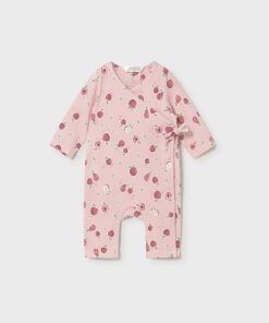 Pink baby romper with cherry pattern, long sleeves, side tie knot in a wrap-style one-piece outfit.