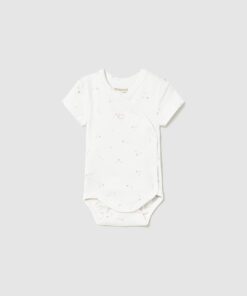 White baby onesie with wrap front and small scattered print, short sleeves.