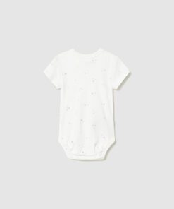 White short sleeve baby onesie with a subtle speckled pattern on a light gray background