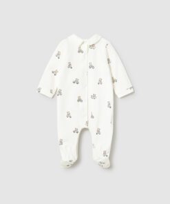 White baby romper with long sleeves and feet featuring an allover small bear on bicycle print