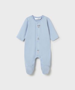 Light blue baby onesie with long sleeves footed design and small dog embroidery along the front buttons section of the garment