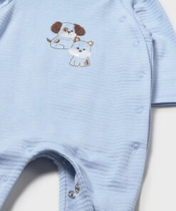 Light blue baby onesie with embroidered dog and kitten, snap buttons along side and leg area, Mayoral brand tag visible.
