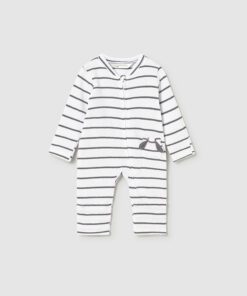 White baby onesie with navy horizontal stripes, long sleeves, and a small bow at the left hip.