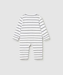 Back view of a white footed baby romper with navy horizontal stripes