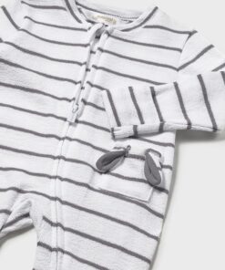 White knit baby romper with dark gray horizontal stripes, front zipper, and a small pocket with decorative gray flip-flop appliques on the leg area.