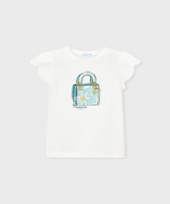 White childrens T shirt with a pastel blue handbag illustration on the front