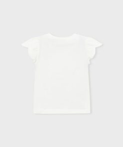 Back view of a white short sleeve top with flutterruffle sleeves for a child