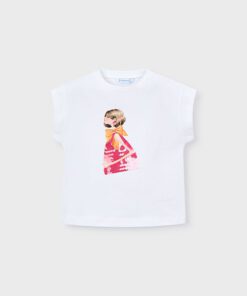 White kids T shirt featuring a colorful illustration of a girl in a pink dress and yellow bow on the chest