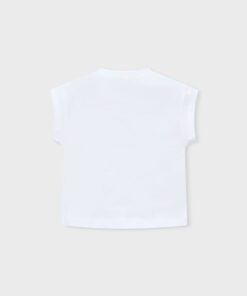 Back view of a plain white short sleeve T shirt on a light gray background no graphics or text visible