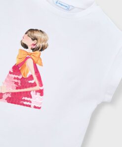 White T shirt with a stylized illustration of a girl orange bow and a pink sequined handbag on the front