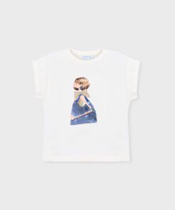White T shirt featuring a central illustration of a girl in a blue dress with a beige scarf facing left