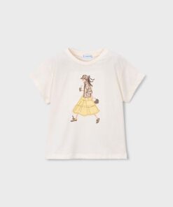 Cream T shirt for kids with a drawing of a girl in a yellow skirt walking and holding a cup brand Mayoral visible on collar tag soft beige