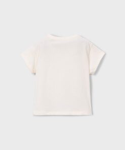 Back view of a plain white short sleeve T shirt laid flat